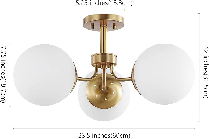 3-Light Bohemian Farmhouse Iron/Frosted Glass LED Semi Flush Mount Modern Contemporary Brass Gold