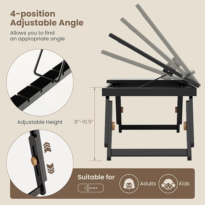100% Bamboo Laptop Desk with Tilting Top & Drawer, Height Adjustable Portable Breakfast Serving Bed Tray with Heat-Dissipation Holes, Folding Bed Table for Surfing Reading Writing Eating