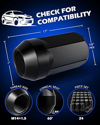 Lug Nuts, Cone Seat Lug Nut Set with 7/8" Hex, Wheel Lug Nuts Compatible with Buick Dodge Cadillac Chrysler Chevy Silverado, Set of 24, Black