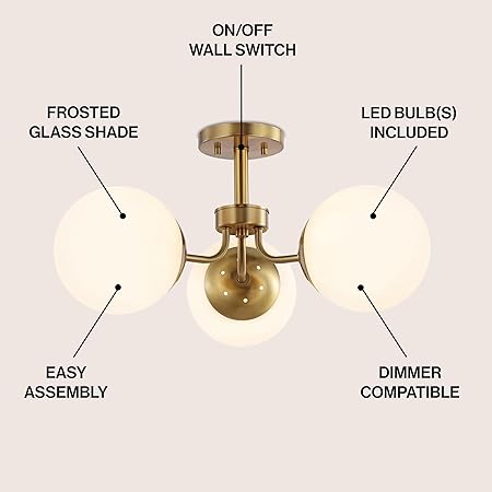 3-Light Bohemian Farmhouse Iron/Frosted Glass LED Semi Flush Mount Modern Contemporary Brass Gold