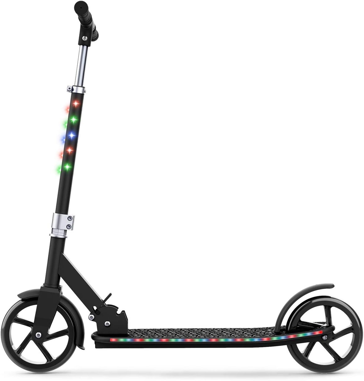 Jupiter Jumbo Teen 2-Wheel Kick Scooter, Includes LED Lights on Stem And Deck, 7 Preprogrammed Light Patterns, Sturdy Wide Deck, Rear Brake, Easy-Folding Mechanism, Ages 8+ Black