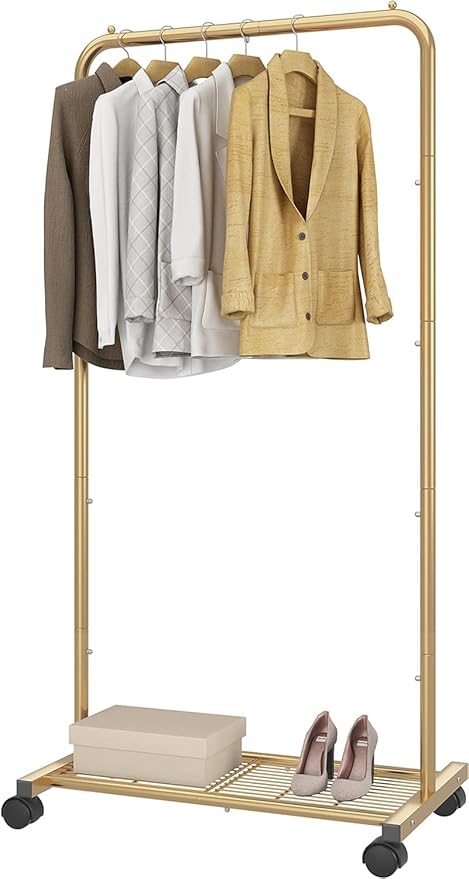 Standard Clothes Garment Rack, Clothing Rolling Rack with Mesh Storage Shelf on Wheels, Golden Yellow