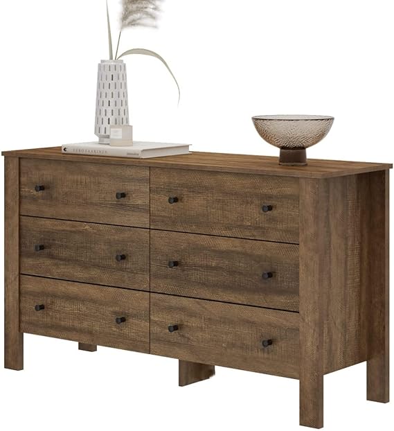 6 Drawer Dresser, Wood Chest of Drawers, Wide Storage Dresser with Sturdy Frame, Closet Organizer for Living Room Closets, Hallway, Rustic Brown