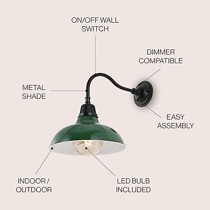 Aurora 1-Light Farmhouse Industrial Indoor/Outdoor Iron LED Gooseneck Arm Outdoor Sconce Metal Bowl Shade Vintage Cottage Rustic Porch Patio Yard Barn, Green