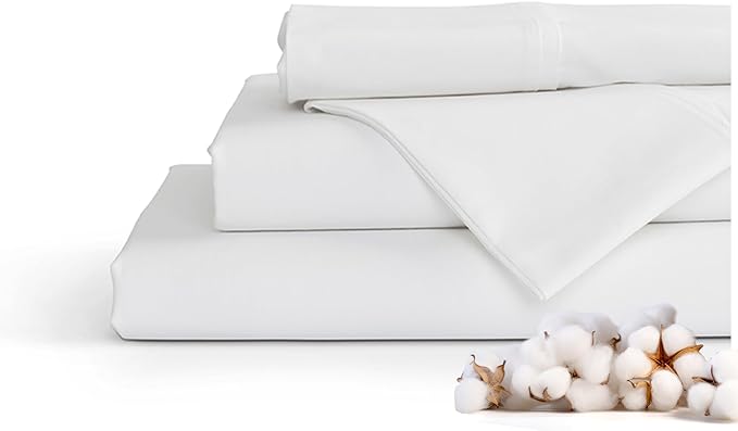100% Cotton Percale Sheets Twin Size, White, Deep Pocket, 3 Pieces Sheet Set - 1 Flat, 1 Deep Pocket Fitted Sheet and 1 Pillowcase, Crisp Cool and Strong Bed Linen