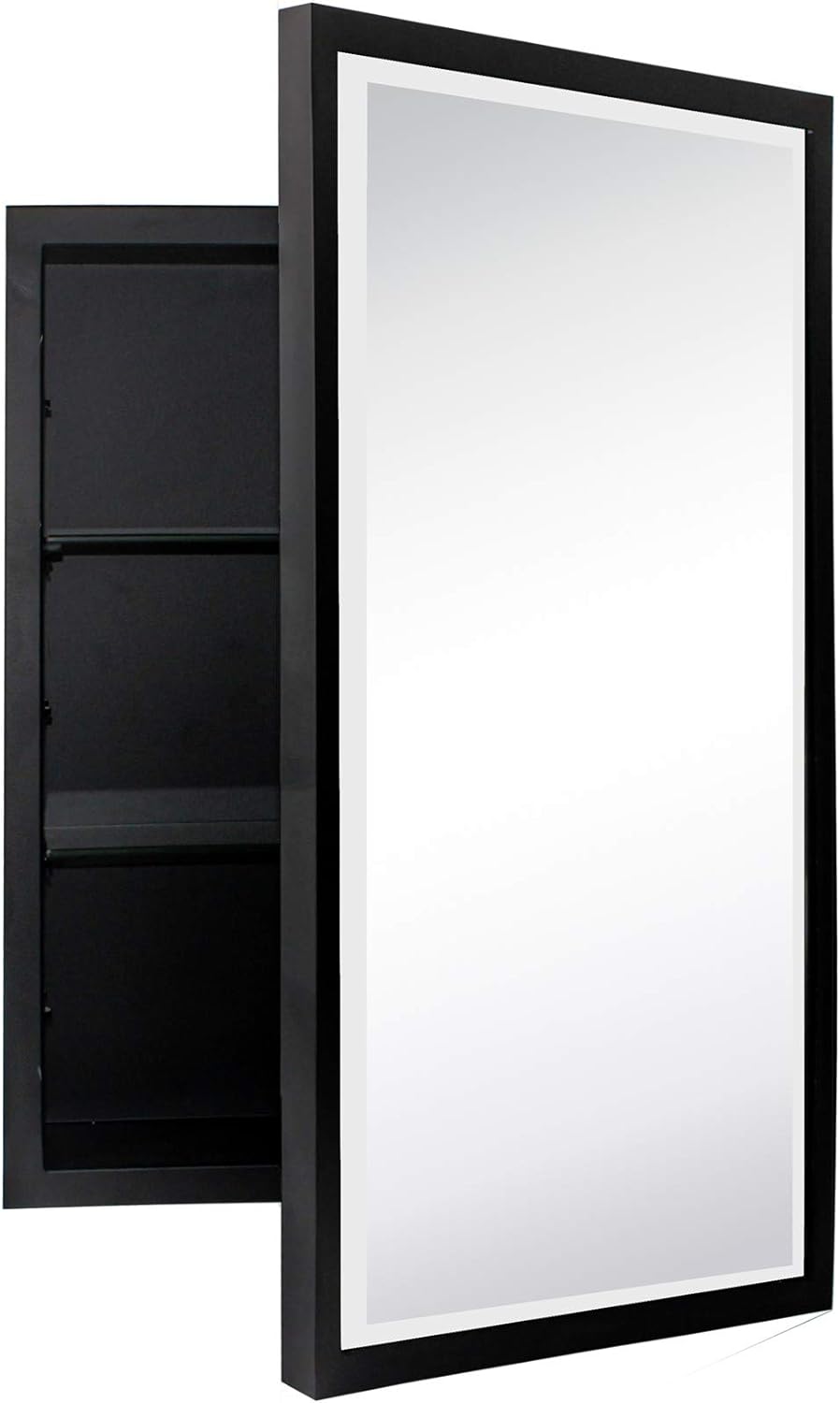 Black Metal Framed Recessed Bathroom Medicine Cabinet with Mirror Rectangle Beveled Vanity Mirrors for Wall