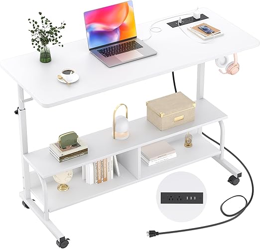 Height Adjustable Standing Desk with Power Outlets, Manual Stand Up Desk, White