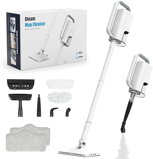 Steam Cleaner, 6 in1 Rotated Steam Mop Cleaner with 2 Modes, 2 Microfiber Pads, Detachable Steam Mops for Floor, Laminate Floor, Tiles Cleaning (White)