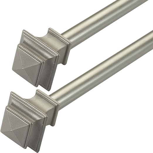 2 Pack Silver Curtain Rods for Window Nickel Drapery Pole with Square Finial Modern Adjustable Heavy Duty