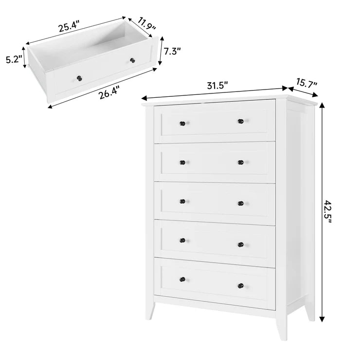 White 5 Drawer Dresser for Bedroom, Wood Dresser with Deep Space & Metal Knobs, Tall Dresser Closet Organizer, Modern Chests of Drawers