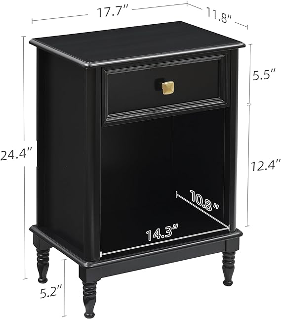 Black Night Stand Bedside Table End Table with Drawer and Storage Shelf, Wood Nightstand for Bedroom Office Living Room Sofa, Easy Assembly