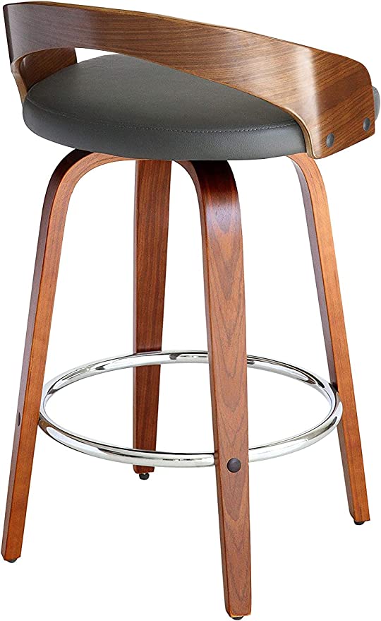 26" Counter Height Swivel Grey Faux Leather and Walnut Wood