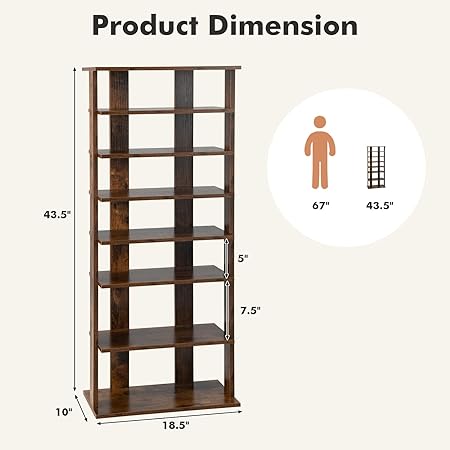 8 Tier Vertical Shoe Rack, Narrow Wooden Corner Shoe Organizer (Rustic Brown, Double Row)