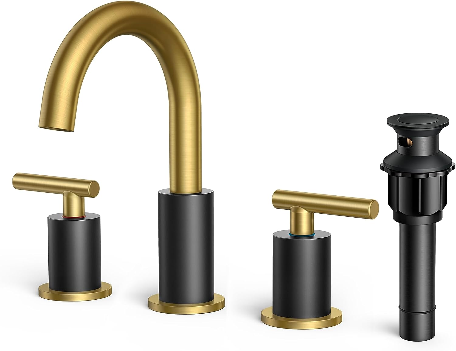 Black and Gold Bathroom Faucet 3 Hole Faucet for Bathroom Sink, Widespread Bathroom Faucet with Metal Drain Assembly,Black&Gold Sink Faucet Bathroom Two Handle, 3 Piece Vanity Faucet