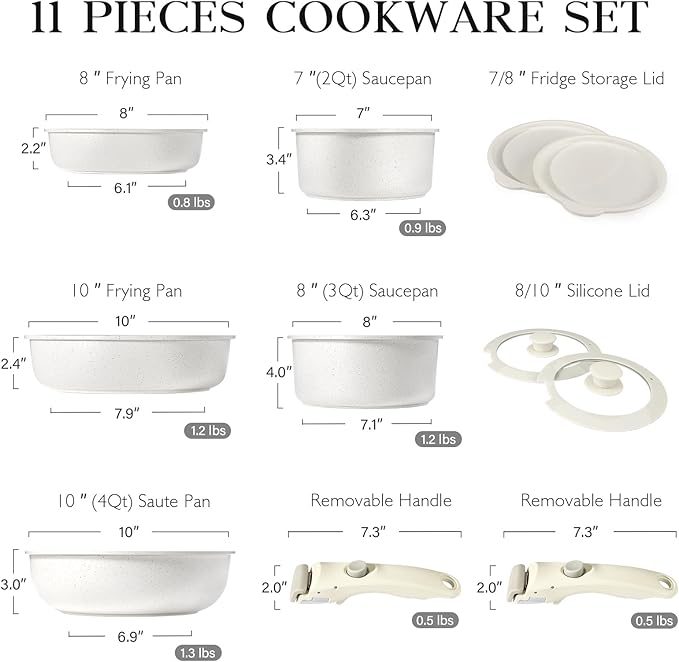 11Pcs Pots and Pans Set Non Stick, Cookware Sets Nonstick Detachable Handle, Induction Kitchen Set Removable Handle, RV Cookware set, Oven Safe