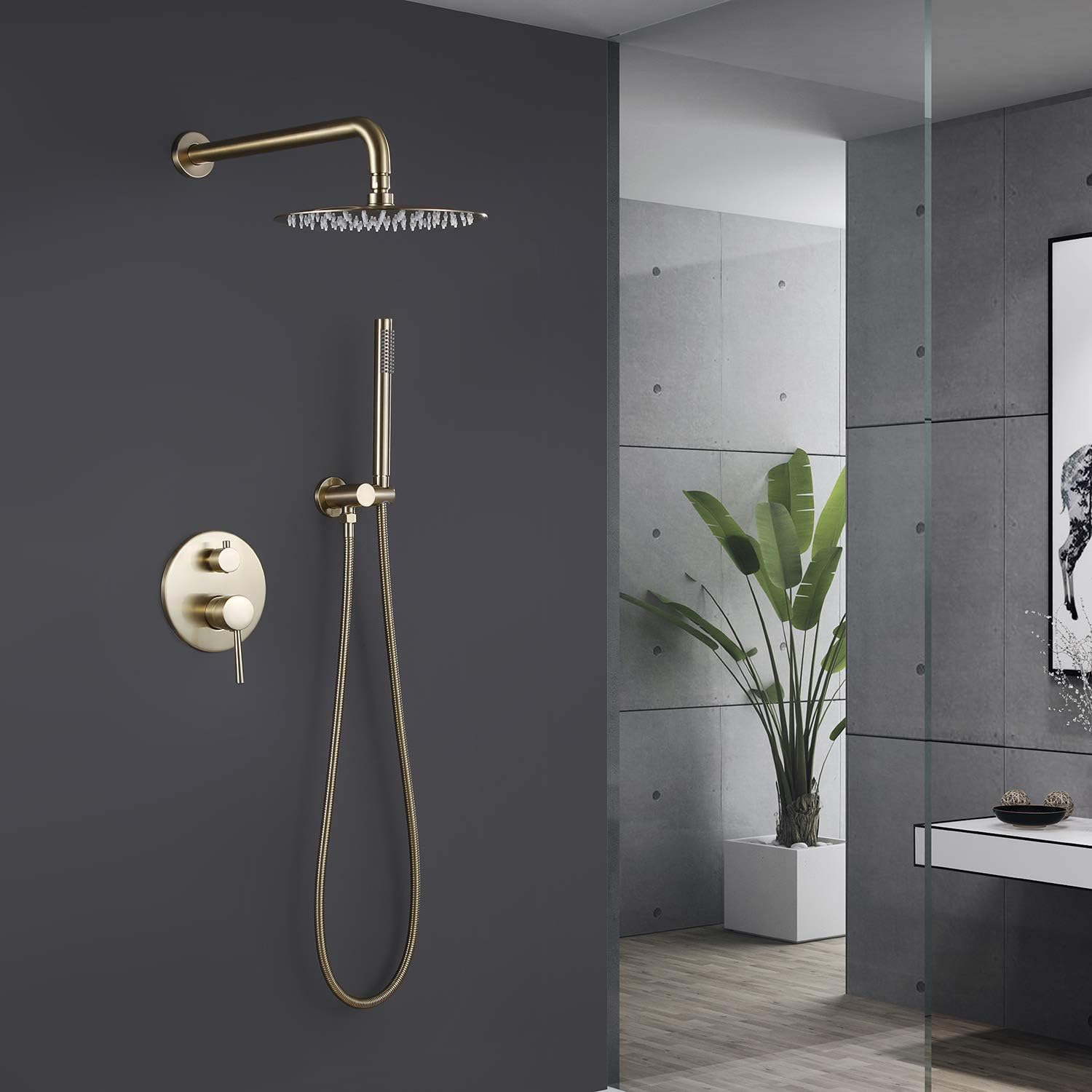 Brushed Gold Shower Faucet Set, Wall Mount Round Gold Rain Shower System Mixer Set, Rain Shower Head with Handheld Spray, Solid Brass, Rough-in Valve Included