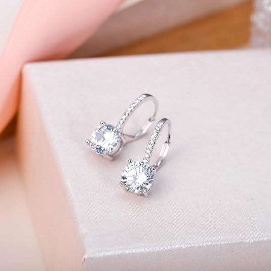 925 Sterling Silver CZ Prong Setting Gorgeous Bridal Prom Leverback Dangle Earrings