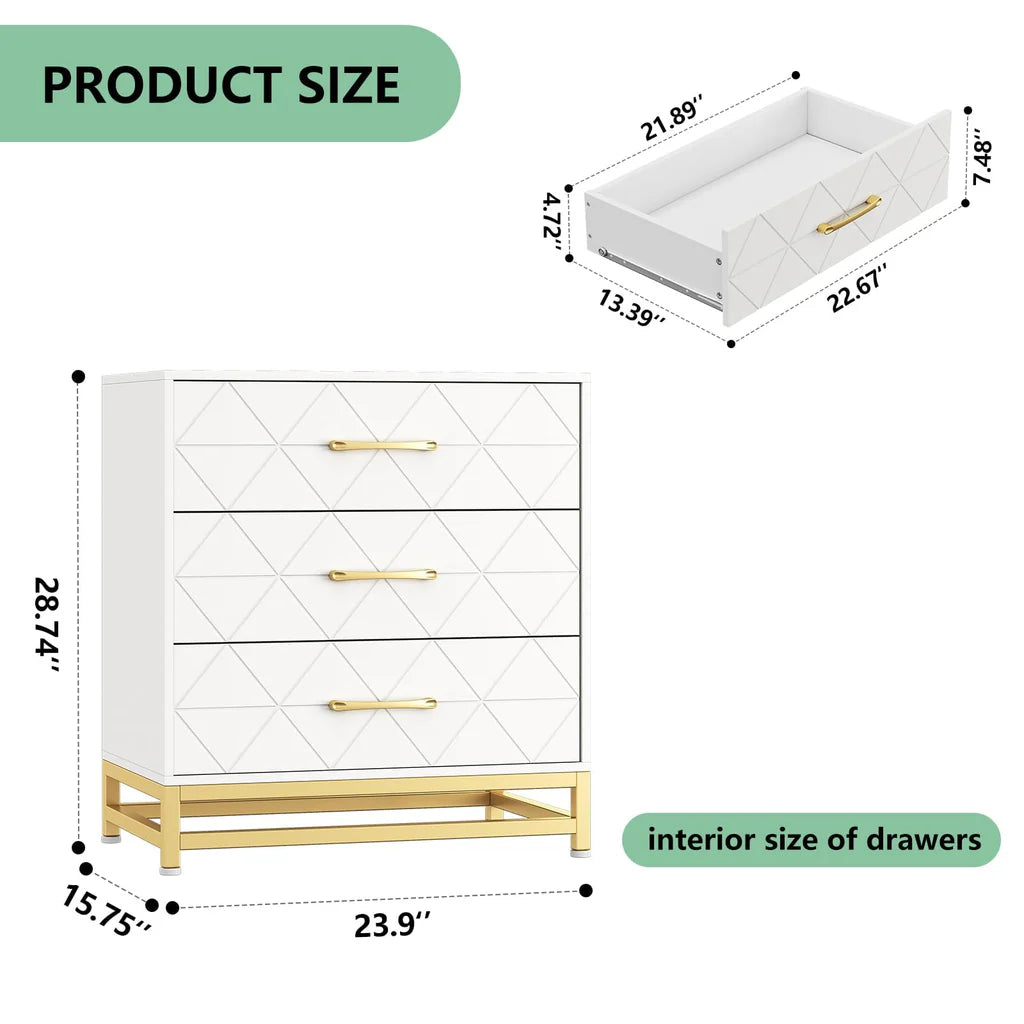 3 Drawer Dresser Wooden Bedside Storage with Gold Handles White