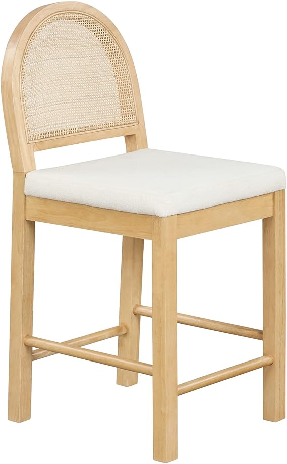 Bailey Upholstered Rattan Bar Stool in Oak Finish Frame, Counter Height Stool with Natural Rattan Woven Back for Kitchen Island, Brown