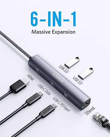 6-in-1 USB C Hub with 65W Power Delivery, 4K HDMI, 1Gbps Ethernet, USB Ports for MacBook Air, iPad Pro, XPS, and More