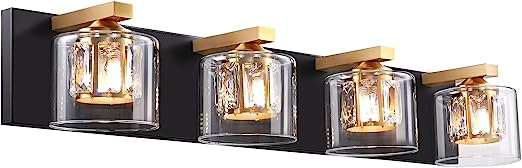 4-Light Black Bathroom Vanity Light, 30 Inch Modern Bathroom Light Fixture Over Mirror, Crystal Vanity Light with Clear Globe Glass Shade for for Bedroom Hallway