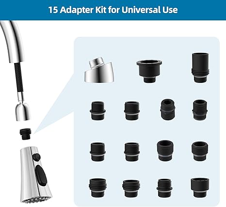 Universal Kitchen Faucet Head Replacement CHROME Finish with 15 Adapter Kit Compatible with Kohler/Moen/Delta Faucet, 3 Function Pull Down Sink Faucet Spray Head