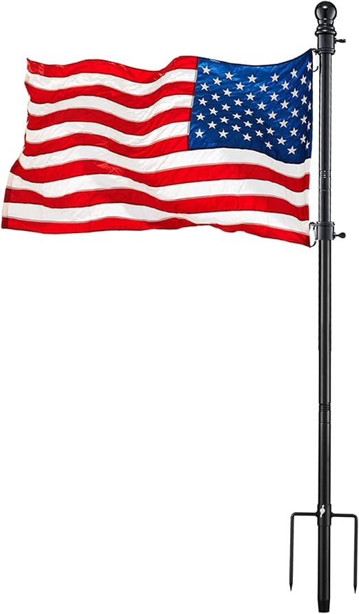 Black Flag Poles for Outside House inground - Metal Outdoor Yard House in Ground Flag Pole Holder for Porch with 2 Pronges Base - American Flag with Pole for House