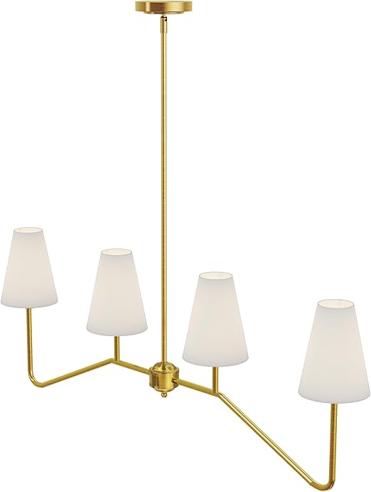 4-Light Linear Lighting Fixture Classic Chandeliers Polished Gold with White Linen Shades
