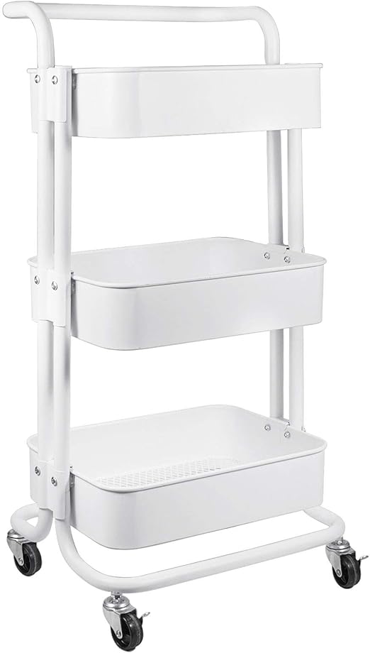 3-Tier Metal Rolling Utility Cart with 2 Lockable Wheels Storage Organizer Shelf