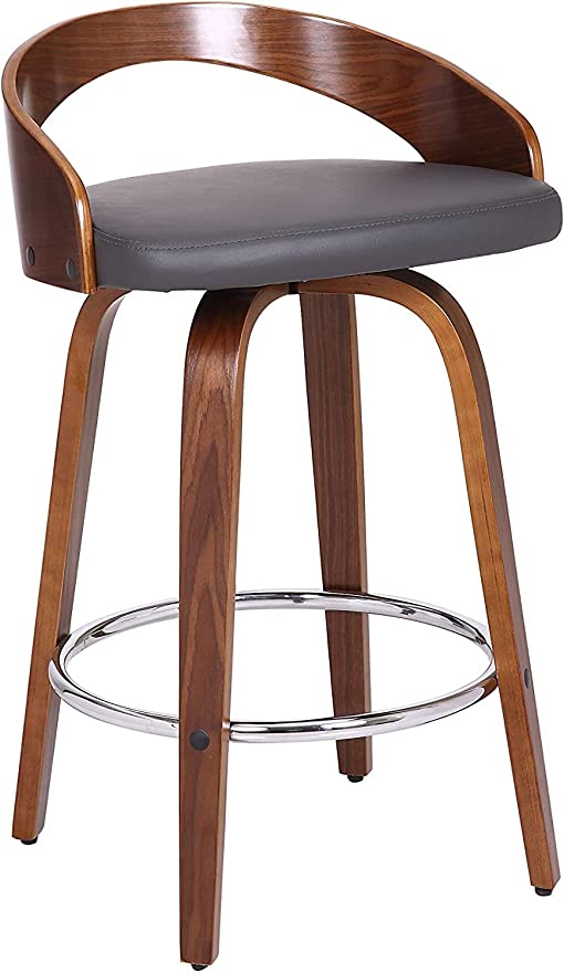 26" Counter Height Swivel Grey Faux Leather and Walnut Wood