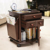 Multi Storage Mahogany Finish Companion Side Table with Rolling Wheels