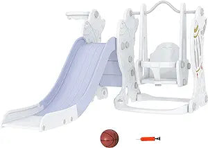 3 in 1 Toddler Swing and Slide Set, Kids Slide Playset with Climber, Basketball Hoop, Baby Indoor Playground, Space Theme, White and Gray