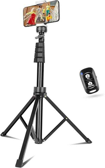 Phone-Tripod, Extendable Cell Phone Tripod Stand & Selfie Stick with Wireless Remote and Phone Holder, Compatible with iPhone Android Phone, Camera