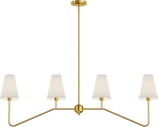 4-Light Linear Lighting Fixture Classic Chandeliers Polished Gold with White Linen Shades