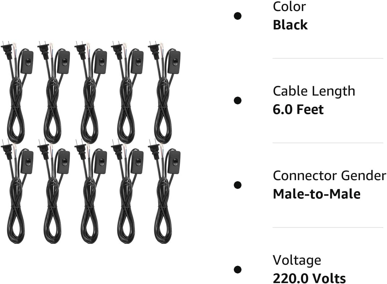 10 Packs Light Cord Set Lamp Cord Cable Cord with Molded Plug, Pure Copper Stripped Ends Ready for Wiring, Black