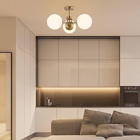 3-Light Bohemian Farmhouse Iron/Frosted Glass LED Semi Flush Mount Modern Contemporary Brass Gold