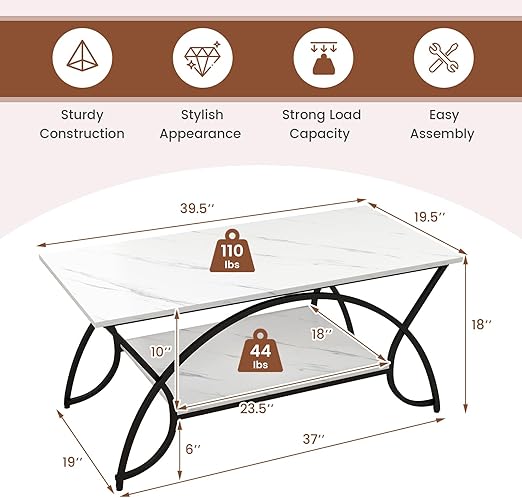 2-Tier Rectangular Coffee Table, Faux Marble Table with Open Storage Shelf, Black Finished Metal Frame, Modern Center Table (White+Black)