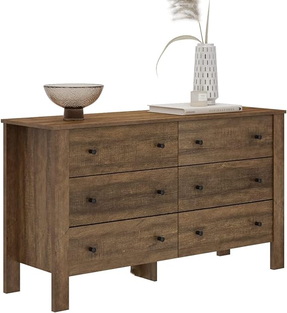 6 Drawer Dresser, Wood Chest of Drawers, Wide Storage Dresser with Sturdy Frame, Closet Organizer for Living Room Closets, Hallway, Rustic Brown