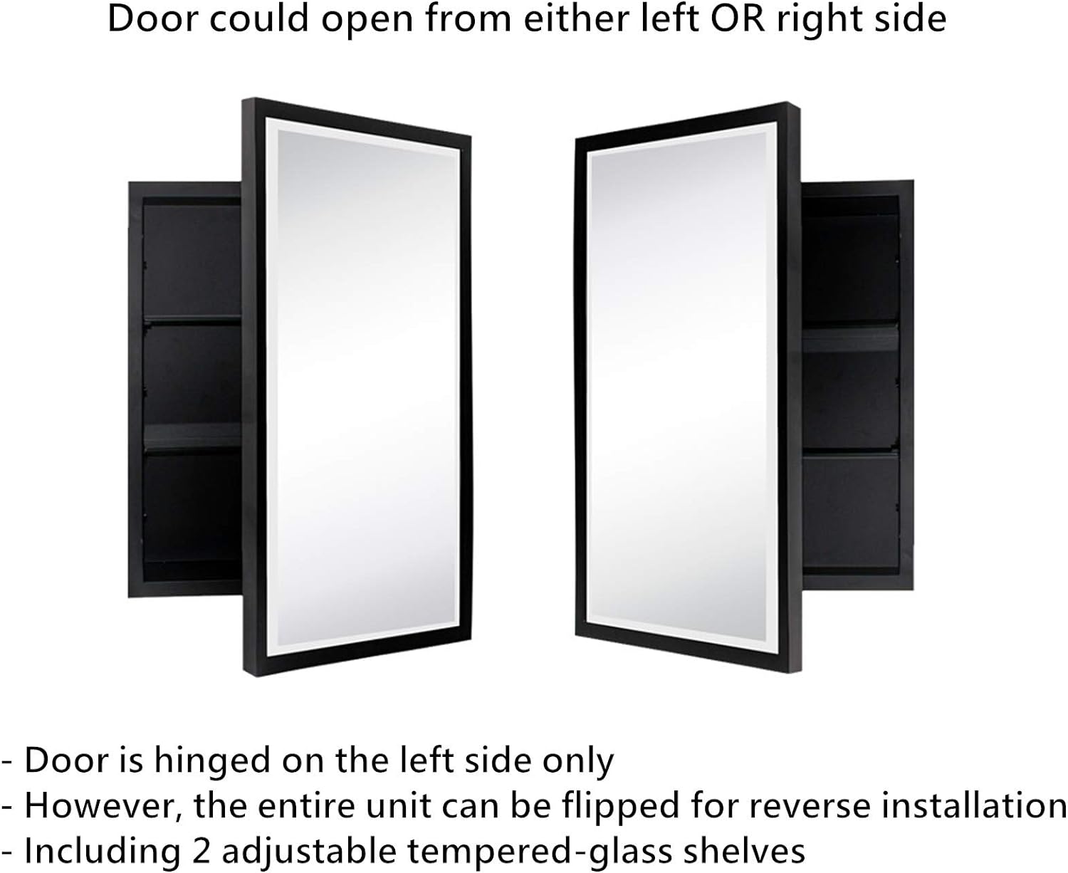 Black Metal Framed Recessed Bathroom Medicine Cabinet with Mirror Rectangle Beveled Vanity Mirrors for Wall