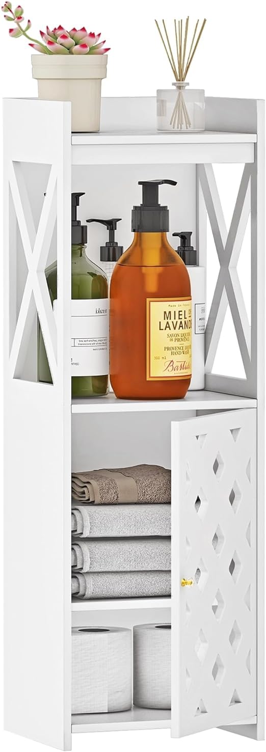 Bathroom Storage Cabinet, White Bathroom Floor Cabinet Freestanding Organizer with Door and Open Shelf for Kitchen Living Room Narrow Space