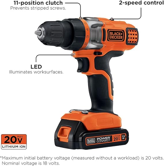 20V MAX Cordless Drill Driver with Battery and Charger, LED Work Light