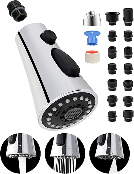 Universal Kitchen Faucet Head Replacement CHROME Finish with 15 Adapter Kit Compatible with Kohler/Moen/Delta Faucet, 3 Function Pull Down Sink Faucet Spray Head