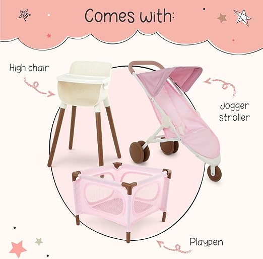 4-inch Baby Doll Accessory Bundle – Nursery Care Set – High Chair, Playpen & Jogger Stroller – Pretend Play Toys – Kids Ages 2 & Up – Baby Doll Nursery Playset