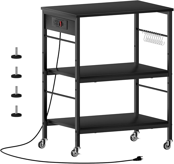 Bakers Rack with Power Outlet Black Coffee Station Cart Table on Wheels Microwave Stand Table with Storage Shelf