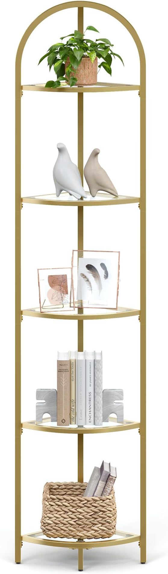 5-Tier Corner Shelf Stand, Corner Bookshelf, Bathroom Organizer, Plant Stand, Tempered Glass, Steel Frame, Modern Style, Metallic Gold