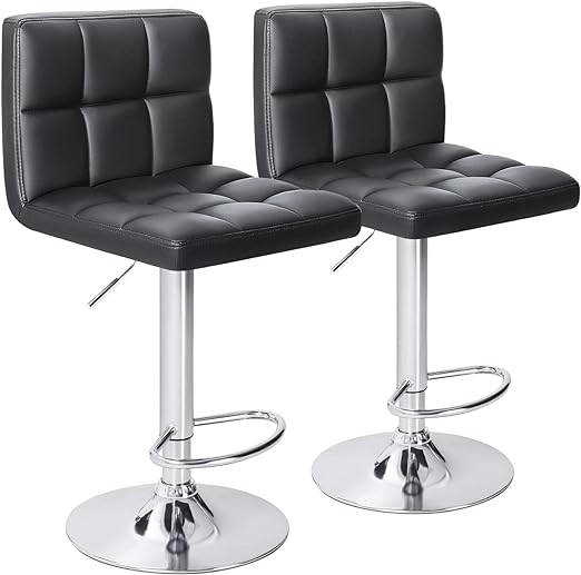 Bar Stools Modern PU Leather Adjustable Swivel Barstools, Armless Hydraulic Kitchen Counter Bar Stool Synthetic Leather Extra Height Square Island Barstool with Back Set of 2(Black)