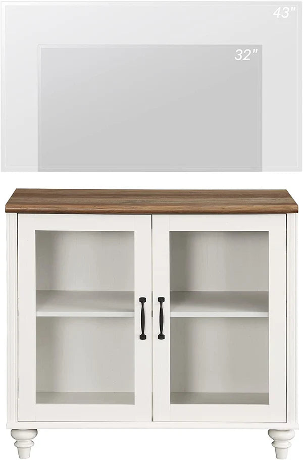 34"TV Stand for 43 Inch TV with Yellow LED Light, Kitchen Sideboard Buffet Cabinet with Glass Door for Dining Room, Off White