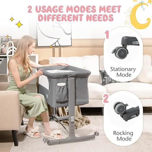 Bassinet Bedside Sleeper, 3 in 1 Folding Crib w/Adjustable Height, Mattress, Lockable Wheels, Storage Pocket & Carry Bag for Infant Newborn, Stationary & Rock, Portable Baby Bassinet (Grey)