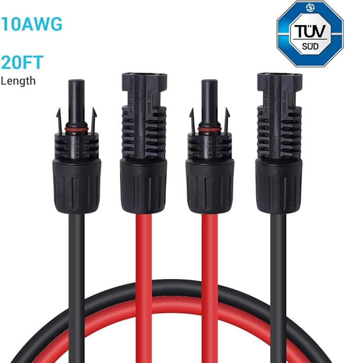 Solar Panel Extension Cable with Male and Female Connectors, 1 Pair (Red and Black)