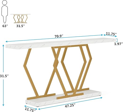 White and Gold Console Table with Faux Marble Tabletop